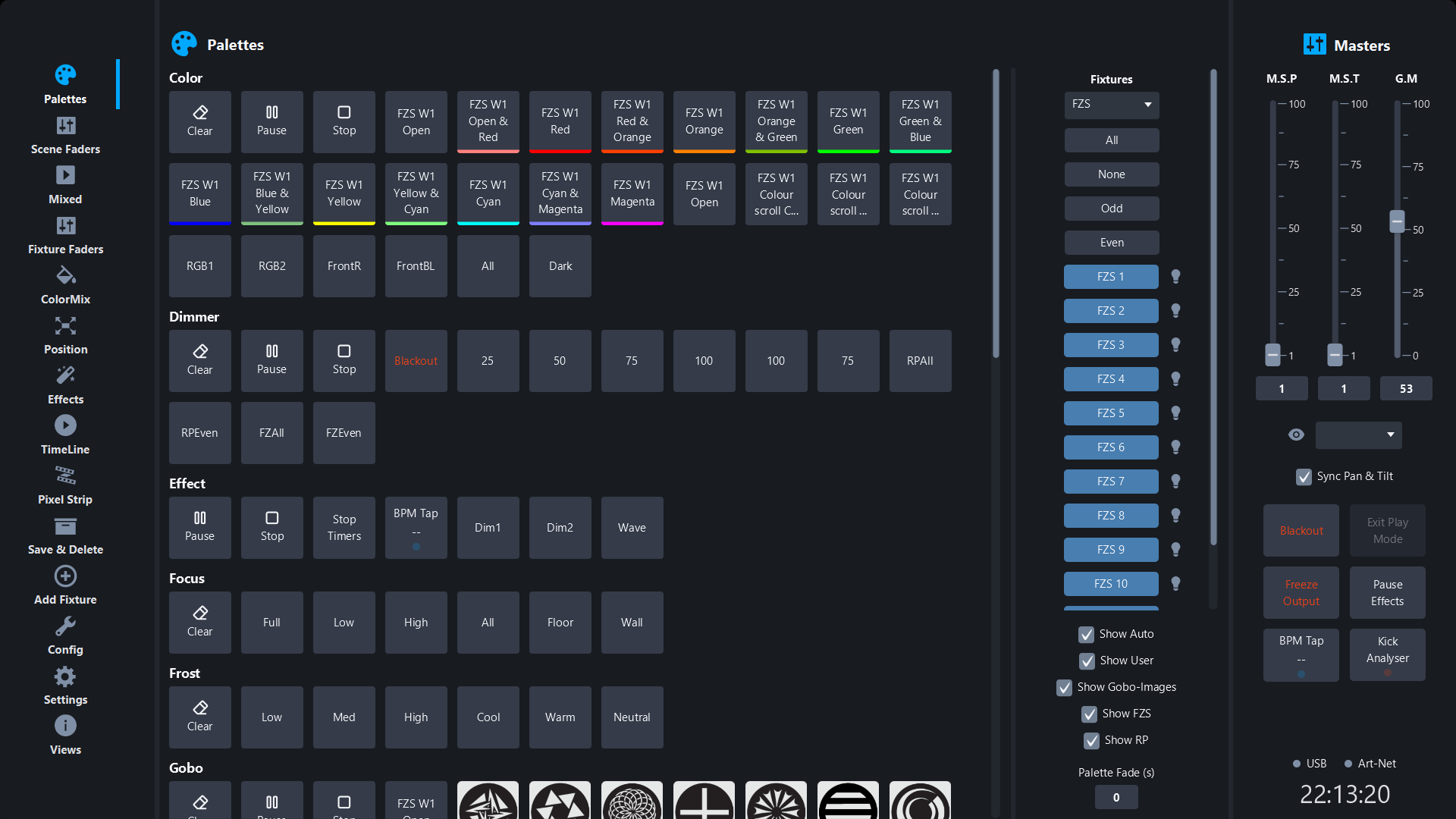 Automatic color palettes created from a GDTF file in Simple DMX Controller