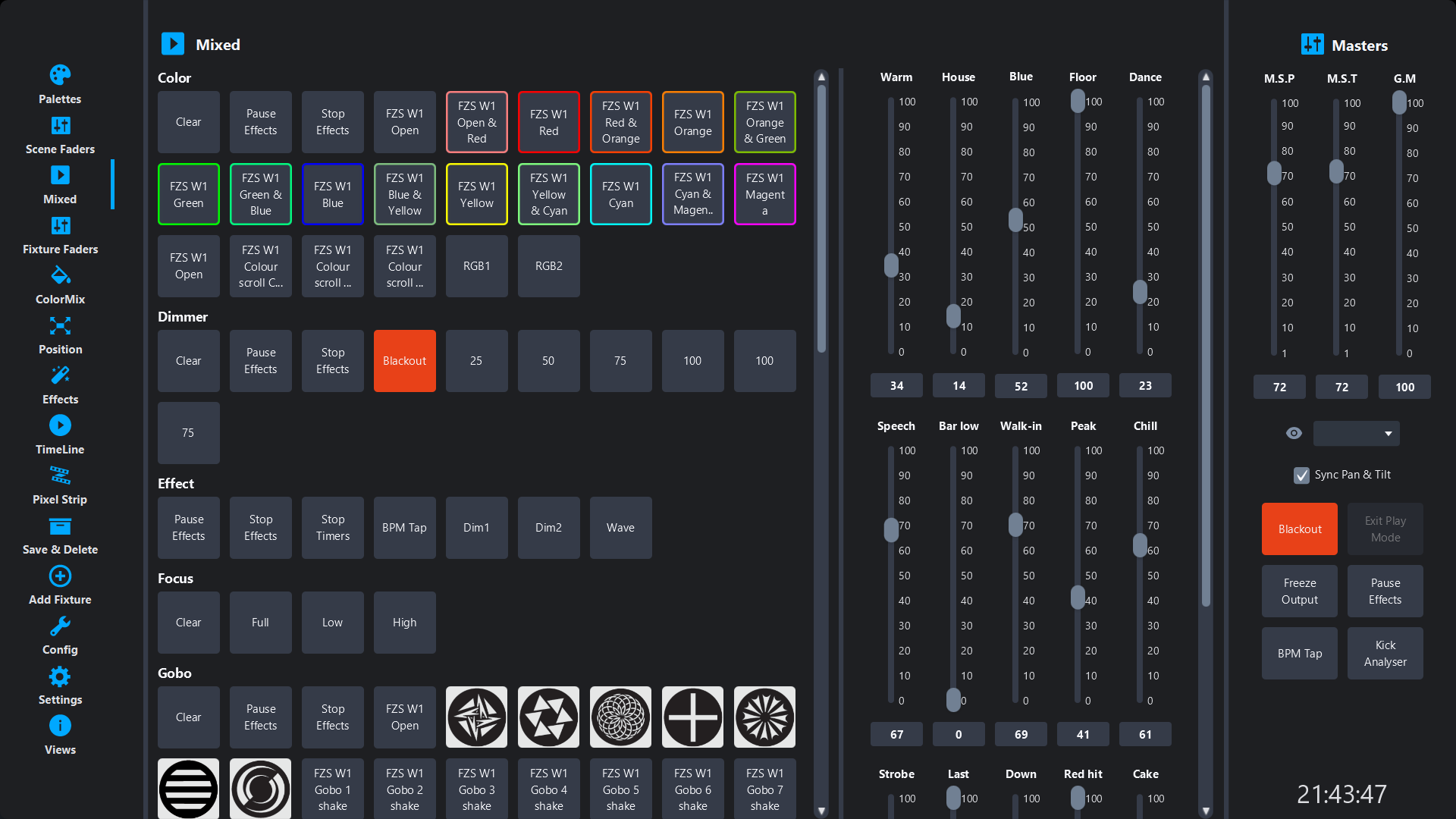 The Mixed page in Simple DMX Controller: color and gobo palettes, scene faders and masters