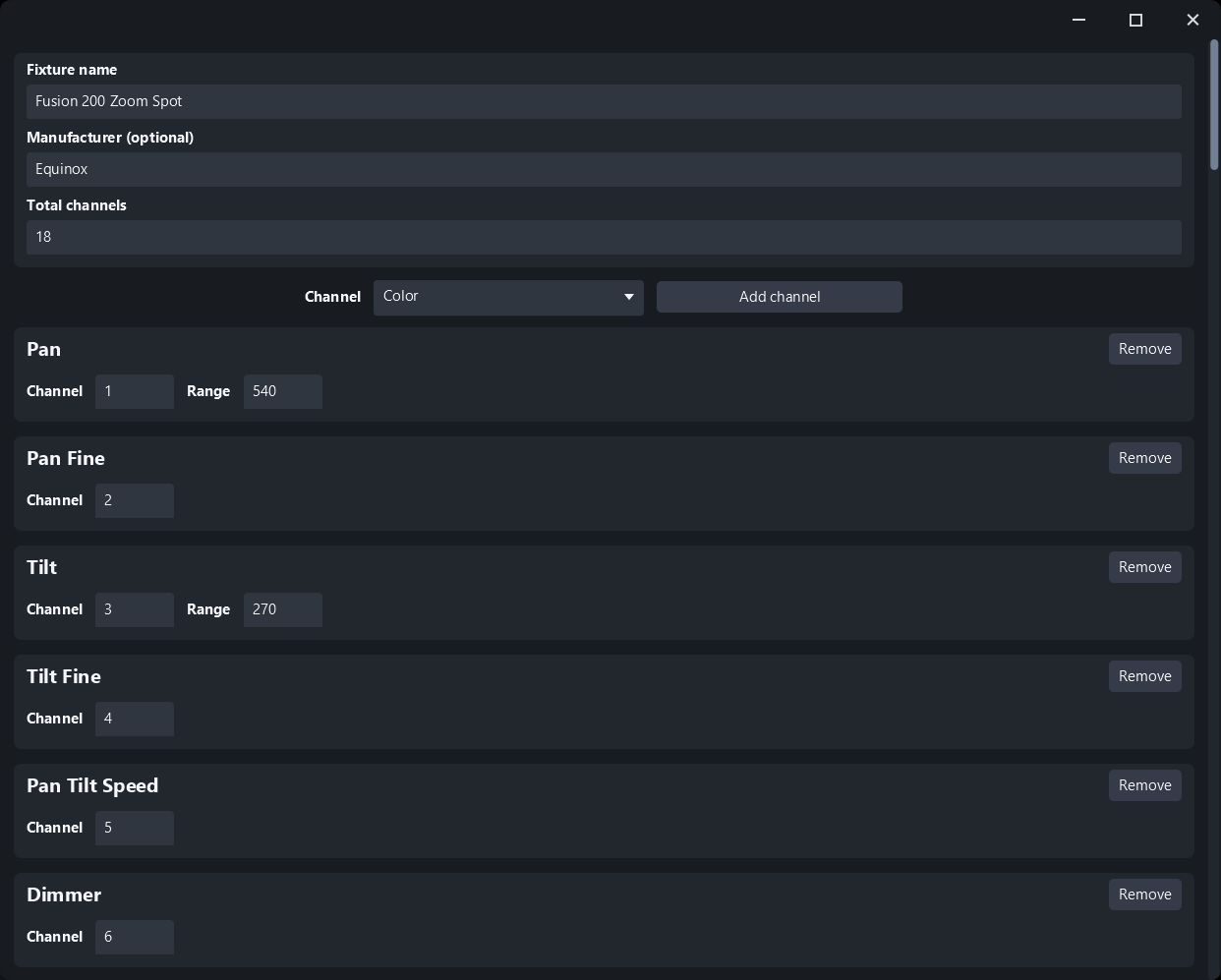 Simple GDTF Maker with fixture name, manufacturer, channel count and a list of channels being added by hand