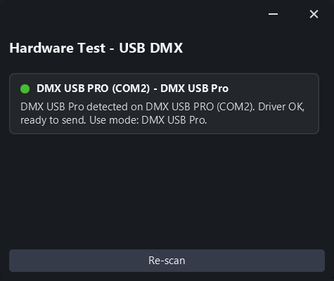 Hardware Test in Simple DMX Controller confirming a DMX USB Pro interface is ready
